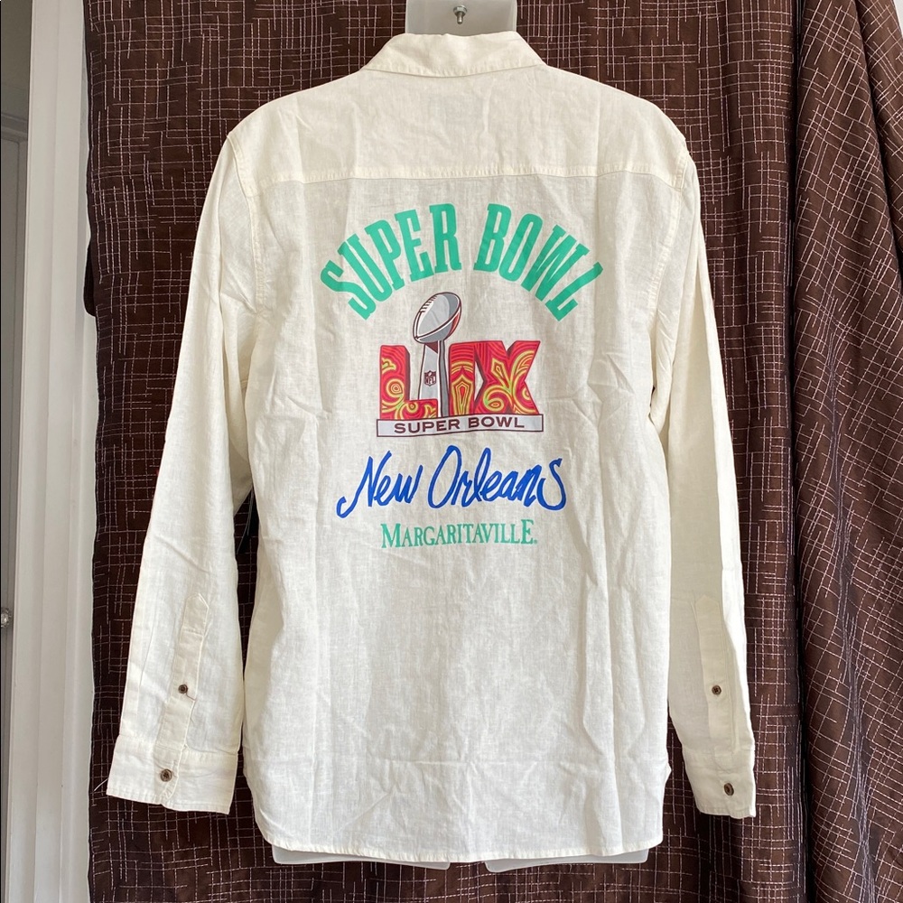 New! Men’s Long Sleeved Margaritaville Super Bowl LIX Shirt New Orleans L Linen